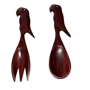 Wooden Hand Carved Parrot Head Salad Fork and Spoon African Style 12 Inches